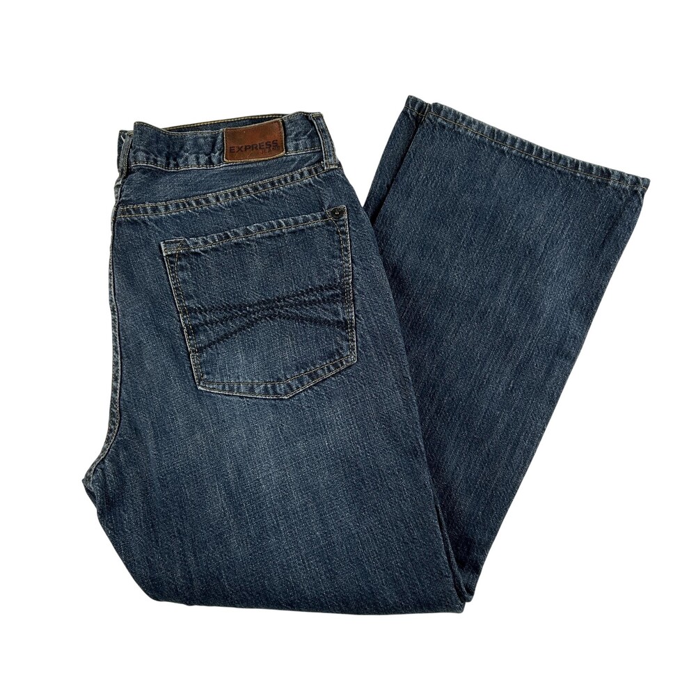 Express Jeans Mens 36x28 Blue Denim Straight Leg Five Pocket Dark Wash Zip Fly
